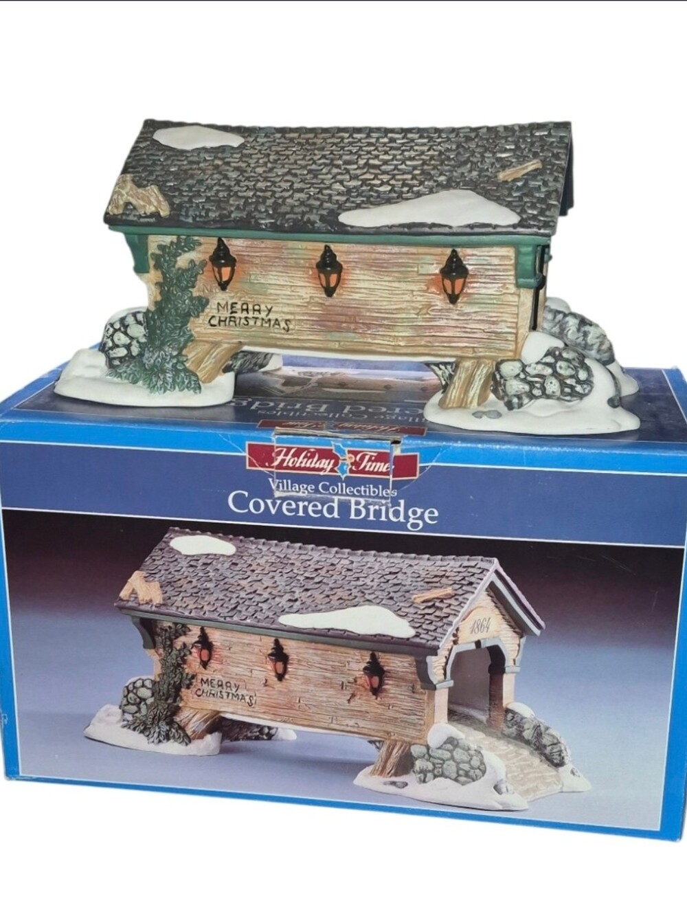 Holiday Time Green & Brown Covered Bridge Village Decor
